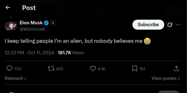 Screenshot of an X post by Elon Musk joking about being an alien