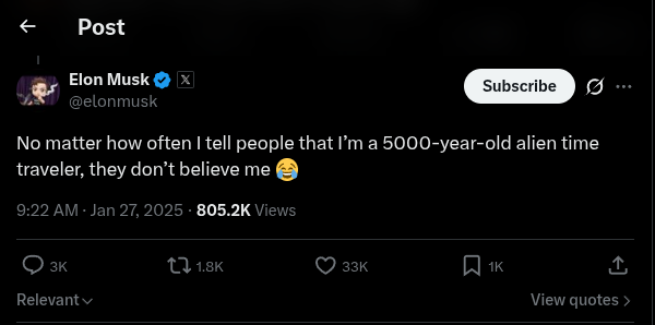 Screenshot of an X post by Elon Musk about telling people he is an alien